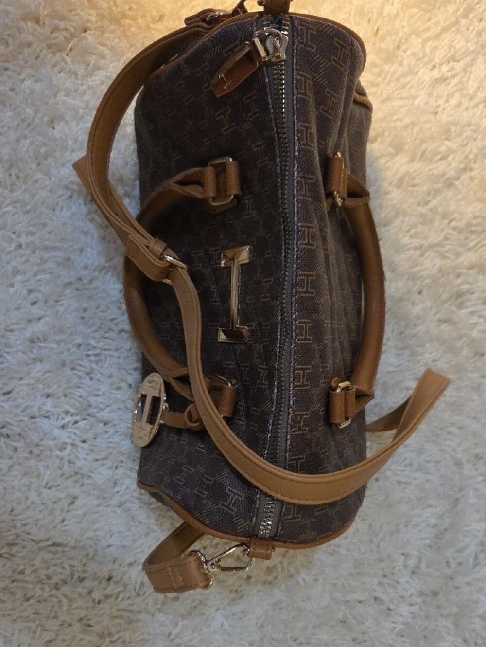 H by Halston Brown & Tan Monogram Satchel with Detachable Strap